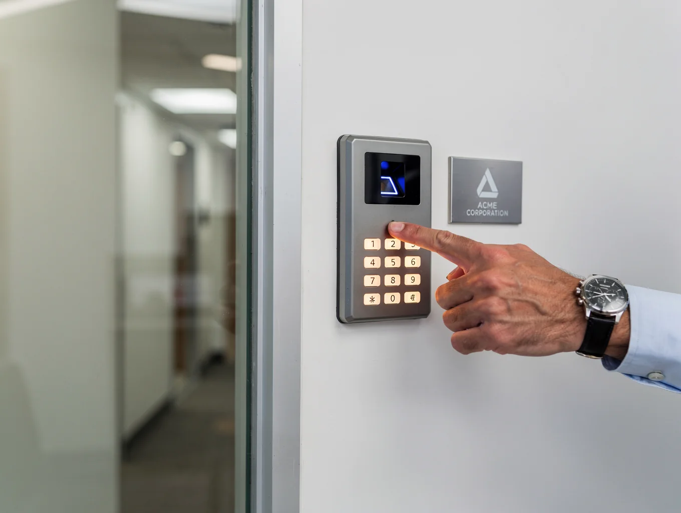 Modern keypad and keycard access control reader mounted on entry door