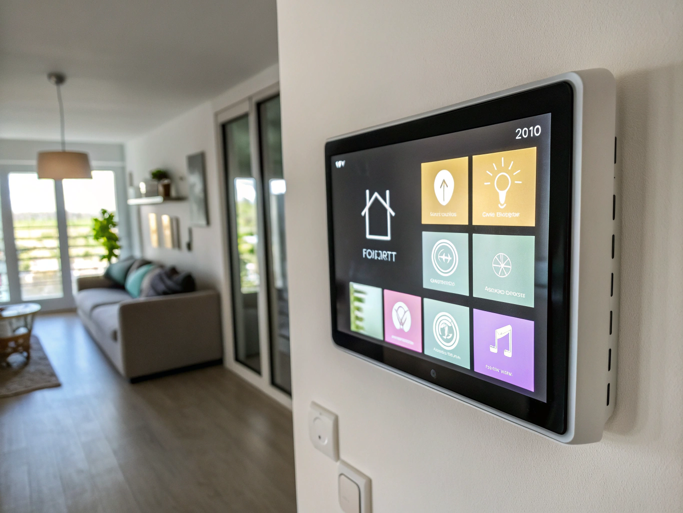Wall-mounted smart home control touchscreen panel in a contemporary living room
