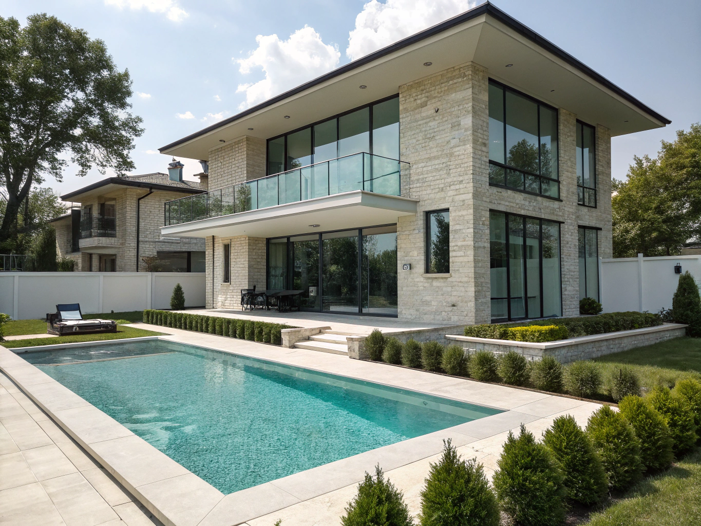 Modern house exterior with swimming pool and weatherproof outdoor speaker mounted on the wall