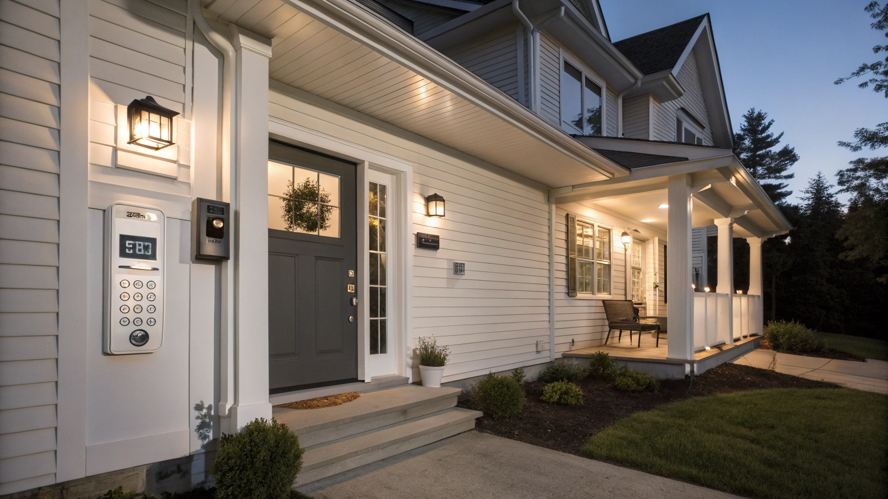 Modern suburban New Jersey home exterior with integrated security cameras and smart automation