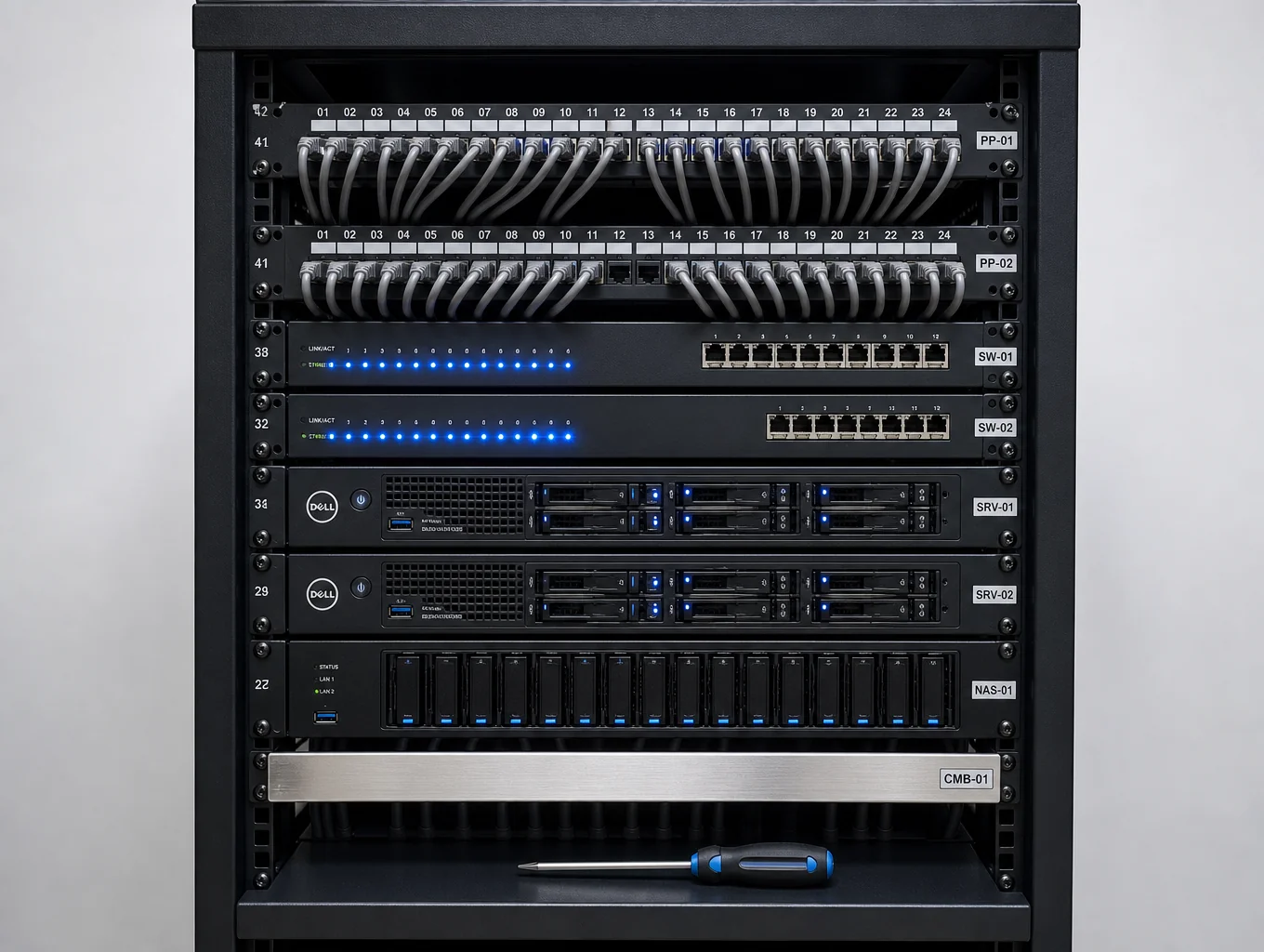 Clean organized low voltage NVR equipment rack with blue cabling
