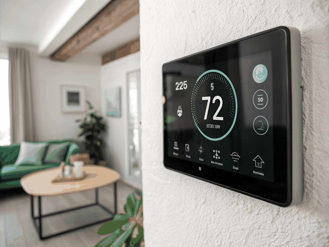 Smart home automation thermostat interface mounted on a modern wall