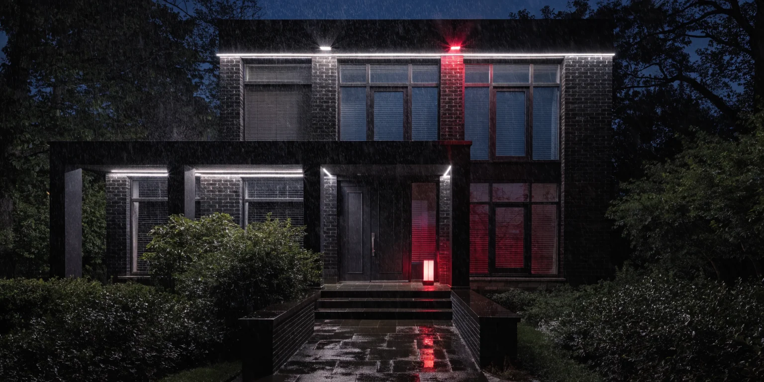 Modern smart home exterior at dusk with architectural lighting and security coverage