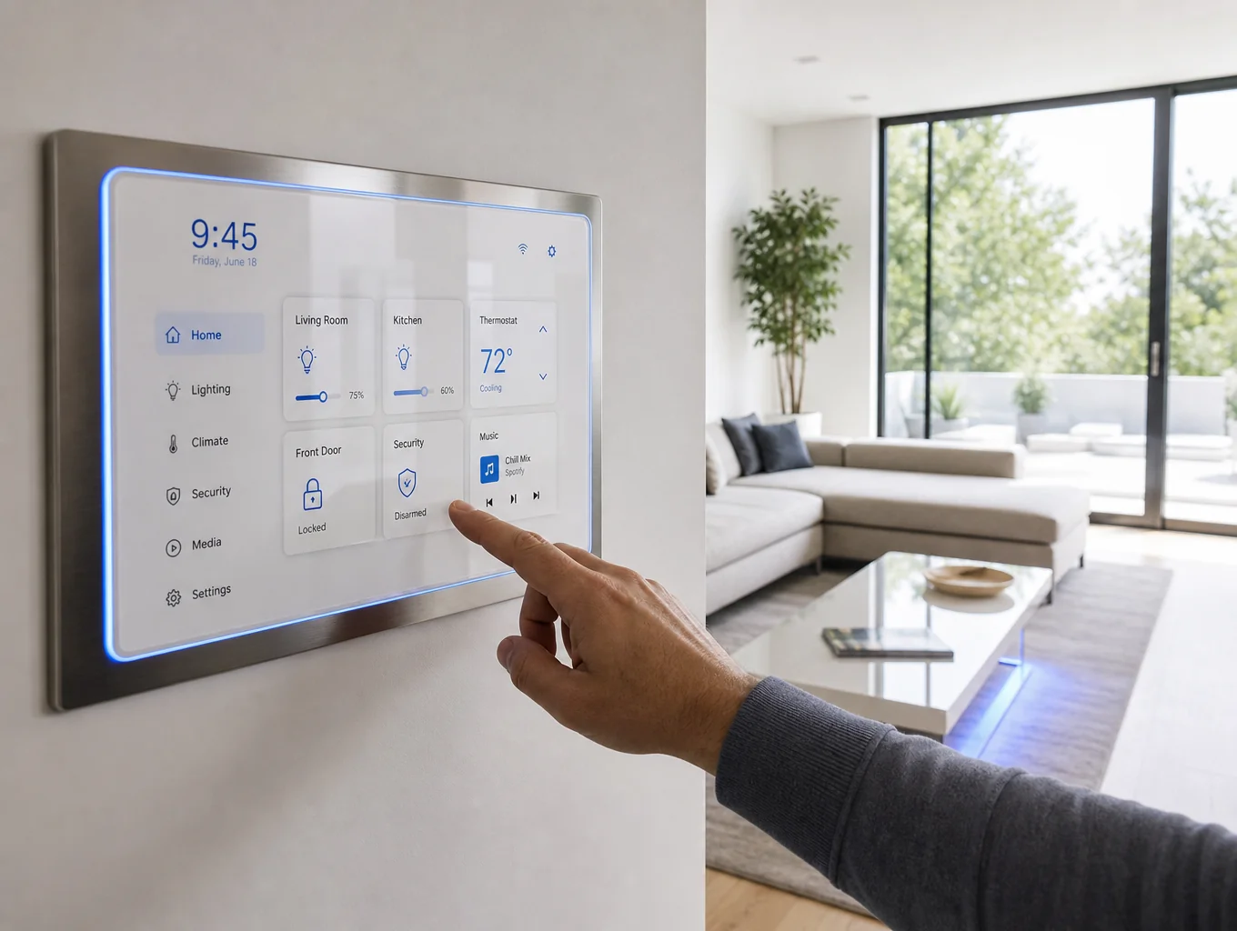 Sleek wall mounted touch control panel in modern foyer