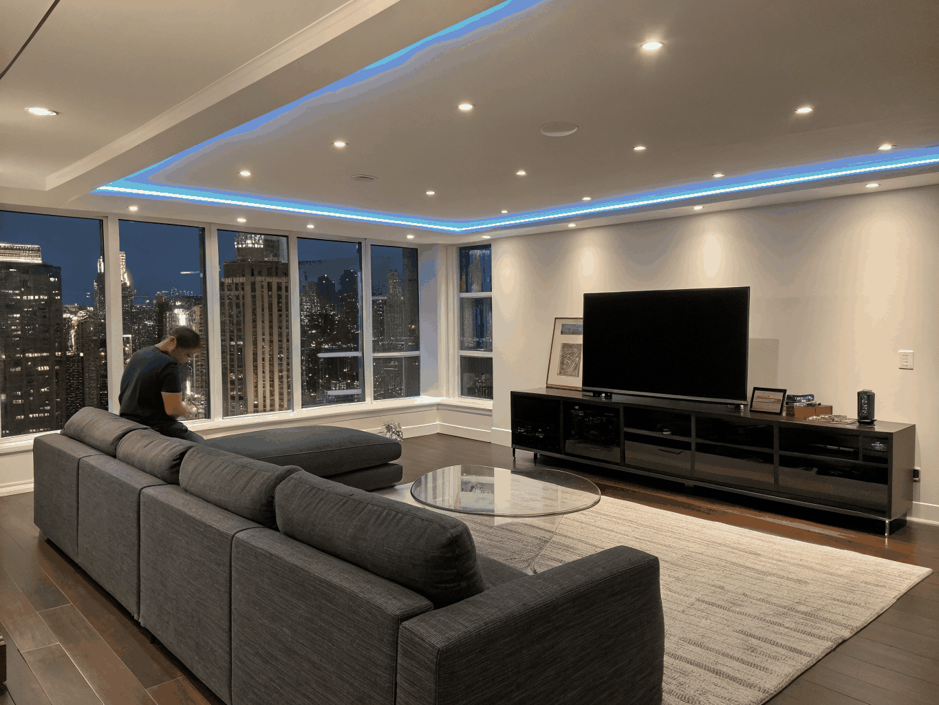 Whole-home multi-zone sound system with amplifier setup in modern living room