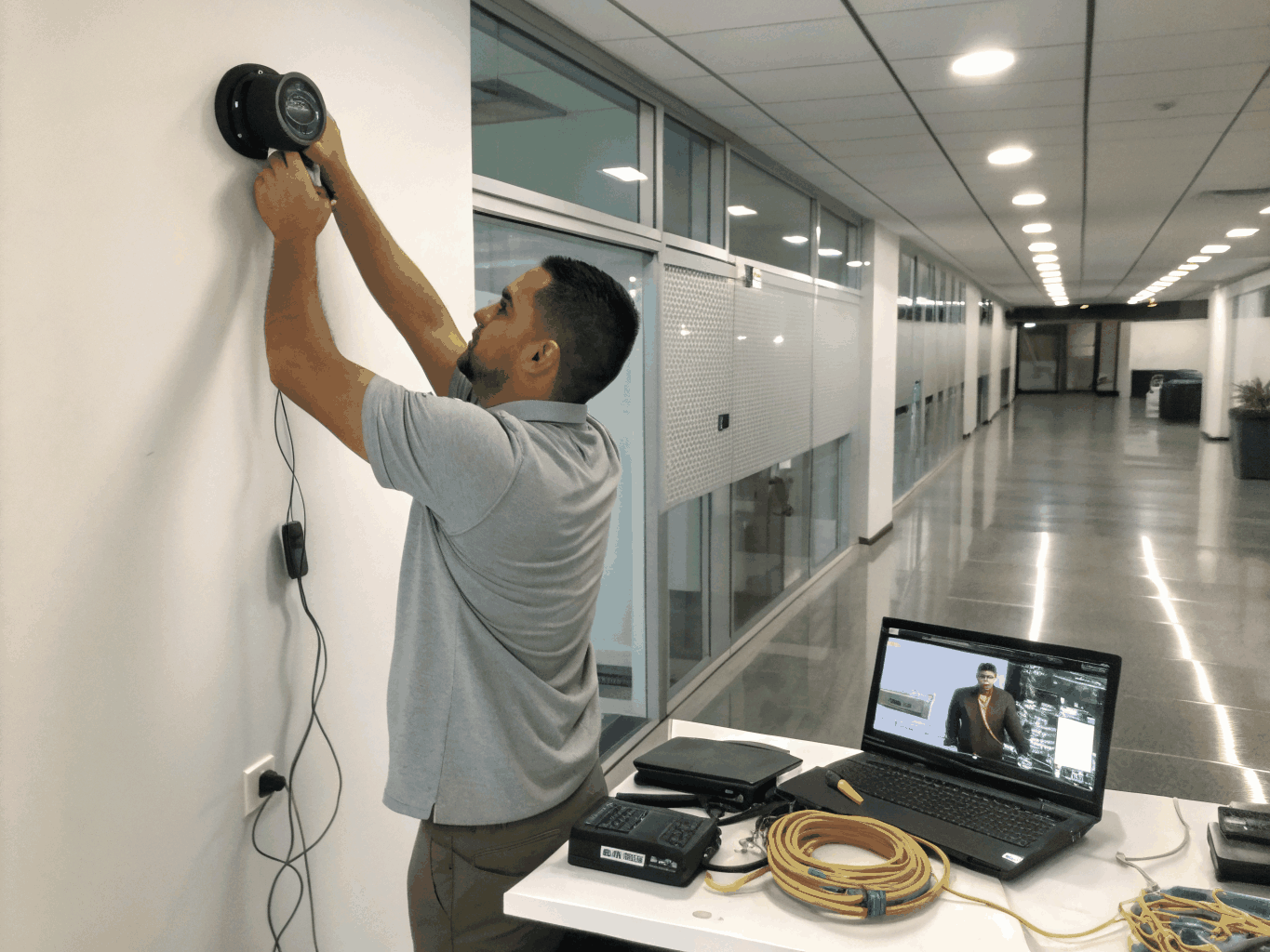 technician installing an IP 4K-resolution security camera